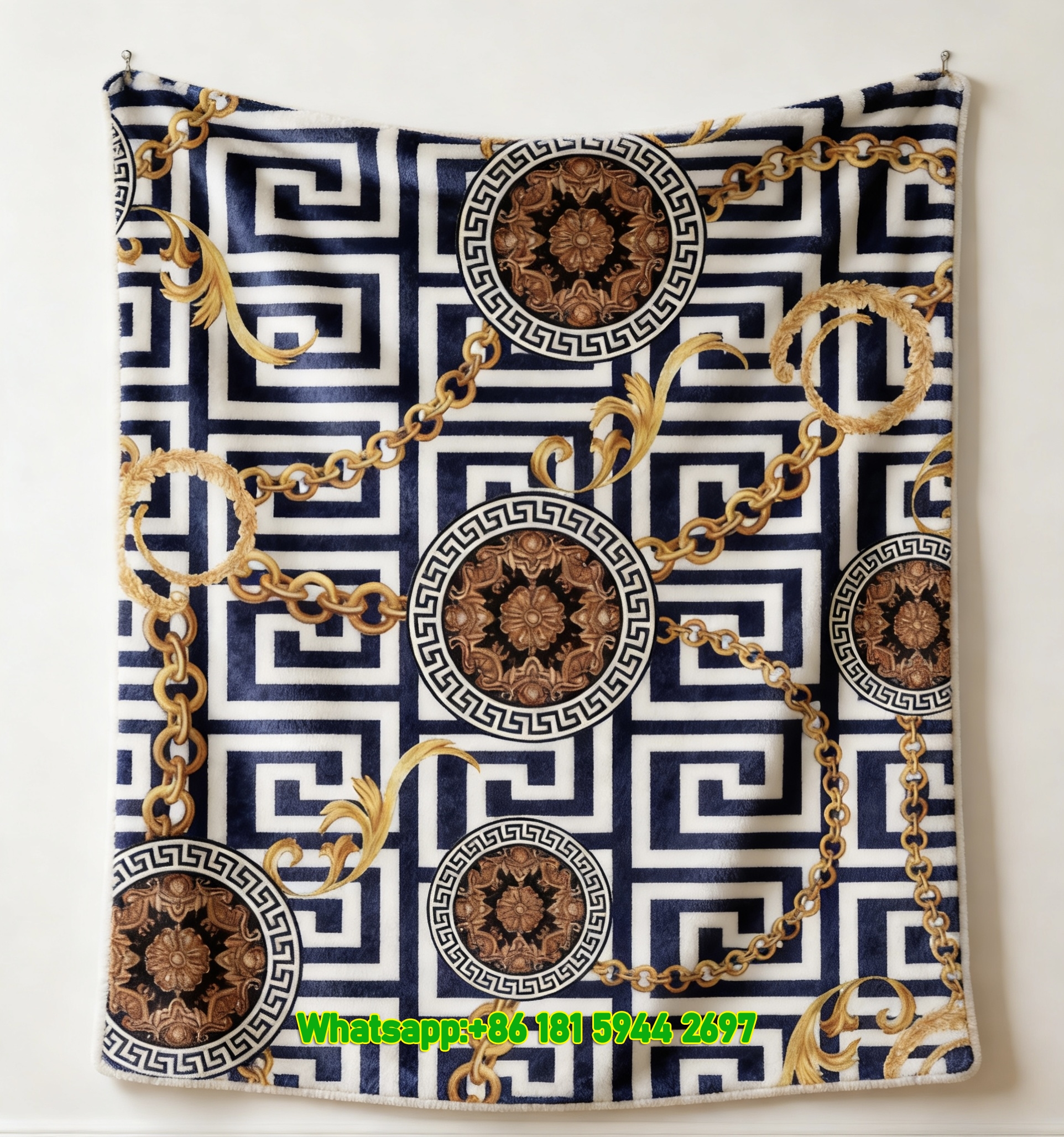 Versace Navy Blue and White Greek Key with Gold Chain Medallion Flannel Throw Blanket IMG_1465